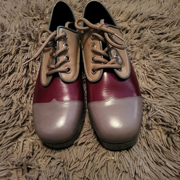 Jeffrey Campbell School Platform Leather Lace Up Oxfords Tan Burgundy Size 10 - Picture 3 of 6